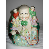 Antigua Figura De Porcelana Buda Sonriente Y 5 Niños Excelen