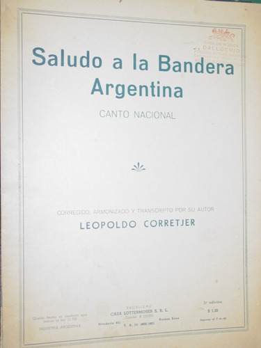 Partitura Canto Nacional Saludo Bandera Argentina Corretjer