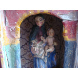 Antiguo Retablo Madera Virgen Maria  Niño Dios Arte Criollo