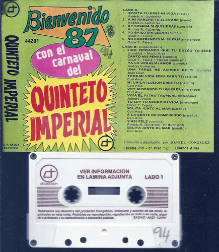 Quinteto Imperial Album Bienvenido 87 Sello Diapason Cassete