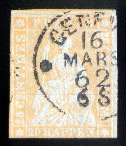 Suiza, Sello Yv. 29a Helvetia 20r Papel Mediano Usado L8940