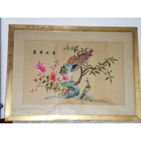 Antiguo Cuadro Seda Oriental Grande Bordado Firmado No Envio