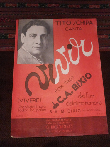 Antigua Partitura  Vivir Tito Schipa