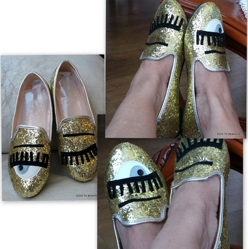 Zapatos Con Ojos Y Glitter Brillantes Chiara Dorados 37