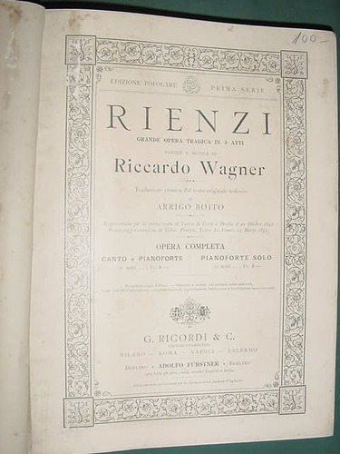 Libro Opera Wagner Rienzi Partitura Pianoforte Ricordi Italy