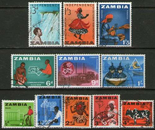 Zambia Serie X 11 Sellos Danza = Cebú = Cataratas Año 1964 