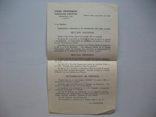 Carta Informativa Colegio Champagnat Hnos Maristas - 1959