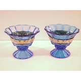 Dos Copones Copas Vasos Cristal Azul Antiguos Detalle Dorado