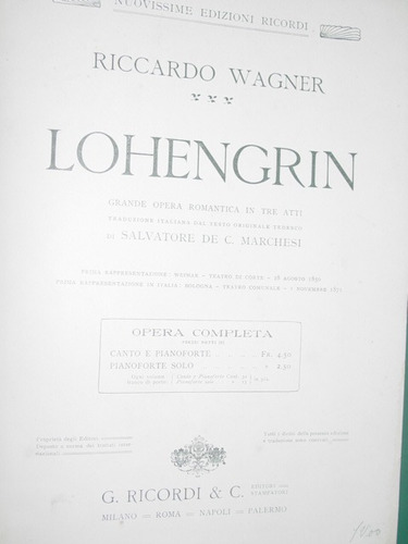 Libro Partitura Opera Lohengrin Riccardo Wagner 359 Pgs