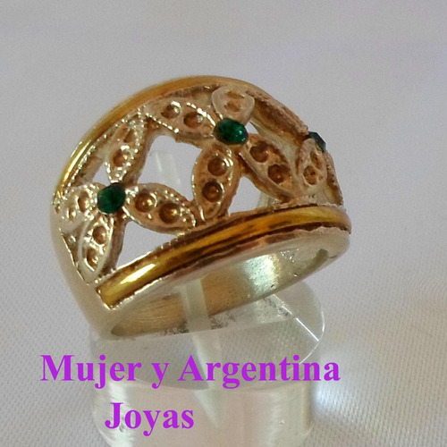 Anillo Ancho Plata Y Oro 18 Kts  Con Flores Y Cubics. Nro 17