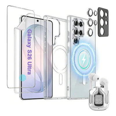 Funda Magnético Para Samsung Galaxy S26 Ultra+ Mica Pantalla+ Pantalla De Hidrogel+ Protector Lente Cámara+ Auriculares Bluetooth,carcasa Trasera Protectora Transparente,antiamarilleamiento Tpu + Pc