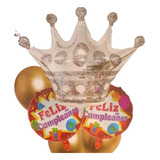 Set 6 Globos Metálicos Helio Y Látex Corona Plata Feliz