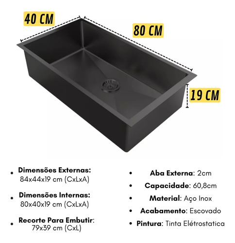 Cuba Para Pia Inox Cozinha Americana Elegante Preta 80x40