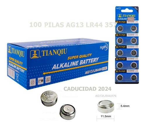 Pack 100 Piezas Ag13 Lr44 357 A76 Tianqiu Alcalina 