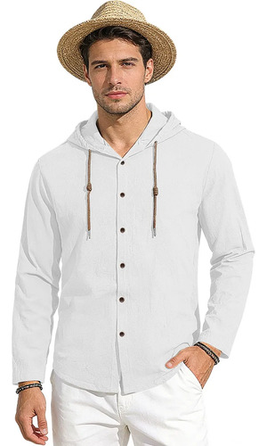 Camiseta Hombre Capucha Lino Algodón Manga Larga Primavera E