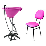 Escova Lavatório Salão Portátil Rosa +cadeira P/ Sentar Fixa