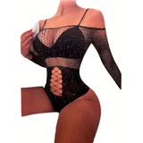 Body Importado Con Brillos Strass Manga Larga Sexi Mujer Ma1