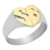 Anillo Sello Iniciales Hecho En Plata 925 Y Oro 18k  Corazón