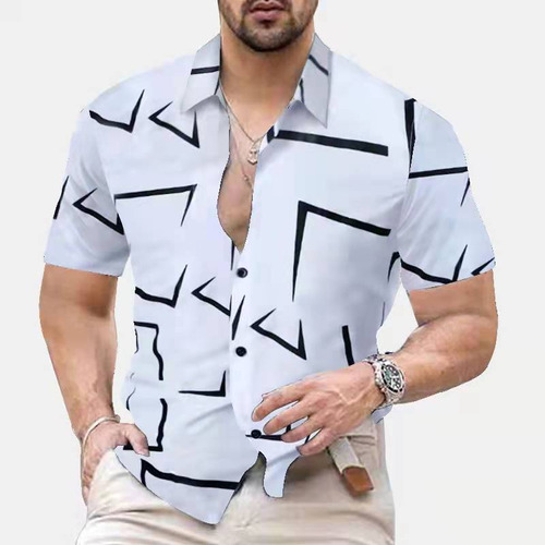 Camisa Ajustada De Manga Corta Con Estampado Geométrico, Ten