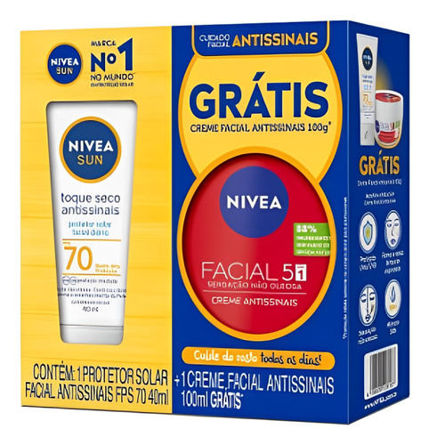 Kit Nivea Antissinais Toque Seco Fps70 + Creme Facial 100g