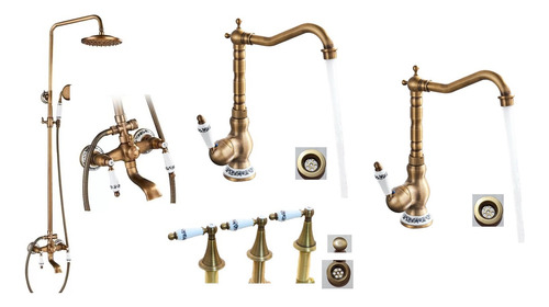 Set Baño Bronce Vintage Ducha + Griferia Baja Lever + Bidet