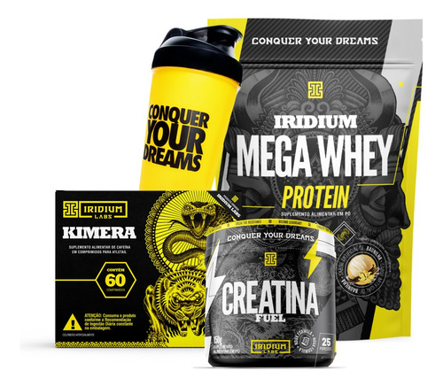 Kit Whey Protein Mega+ Kimera + Creatina Fuel + Coqueteleira