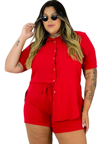 Conjunto Feminino Plus Size Verão Camisa E Shorts Kimono Gg