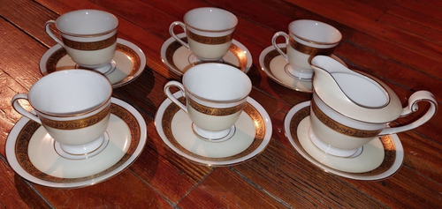 Porcelana Tsuji 4 Tazas Te Lechera Café Dorado Oro Platitos 