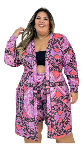 Kimono Estampado Feminino Blusa Cardigan Manga Longa Plus