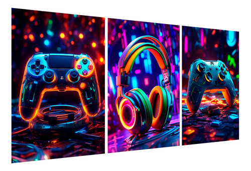 Kit 3 Quadros Decorativos Gamer Controle Jogos Geek Quarto