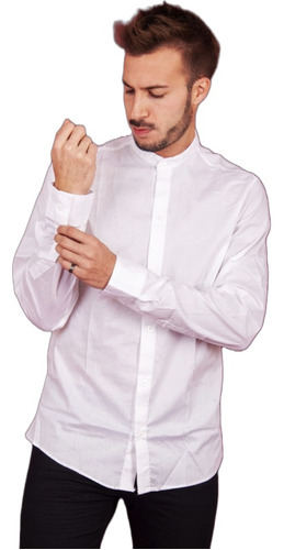 Camisa Blanca Vestir Cuello Mao Poplin Elastizada Manga Larg