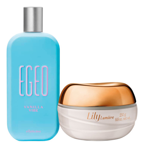 Combo Egeo Vanilla Vibe Colônia 90ml + Hidratante Acetinado Lily Lumière 250g Kit Presente O Boticário Fragrância Exclusiva Feminina 