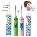 Escova De Dente Infantil Elétrica Sapo Ou Porquinho+ 2 Refil