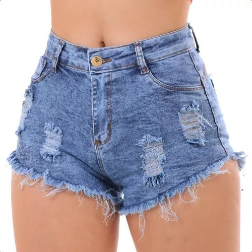 Short Jeans Feminino Com Lycra Cintura Alta Barra Destroyed