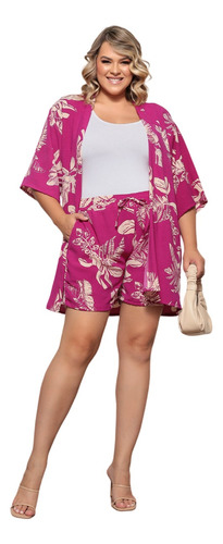 Conjunto Feminino Tendencia Plus Size Praia Kimono E Short