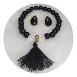 Conjunto Pulseira Turmalina Negra + Brinco Ouro Biju Barato