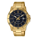 Reloj De Pulsera Casio Mtp-vd01g-1cvudf, Analógico, Para Hombre, Fondo Negro, Con Correa De Acero Inoxidable Color Dorado, Bisel Color Dorado Y Desplegable