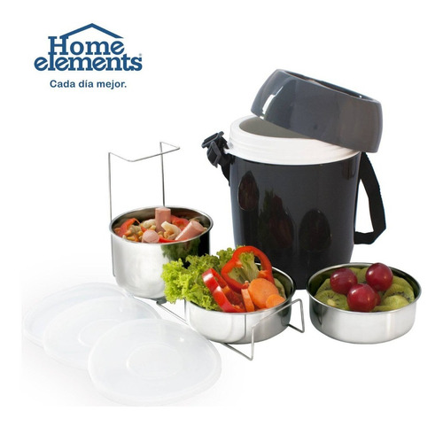 Termo Comida 2,0l 3 Recipientes Acero Inox Mod He0924 H.e Color Negro