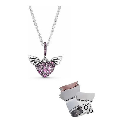 Collar Pandora Original Corazón Alas De Ángel Rosa S925 .