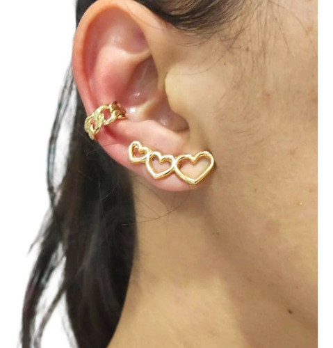 Brinco Feminino 3 Coração Ear Cuff Banhado A Ouro Tendência