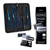 Kit 3 Tesouras Azul Barbeiro Lâmina Ostrich Caixa Com 100un