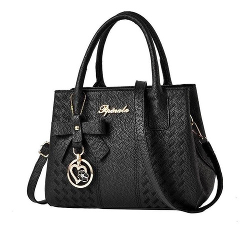 Bolsa Tote Easytao Ezt-0801 Diseño Lisa De Cuero Sintético  Negra Con Correa De Hombro Negra Asas Color Negro