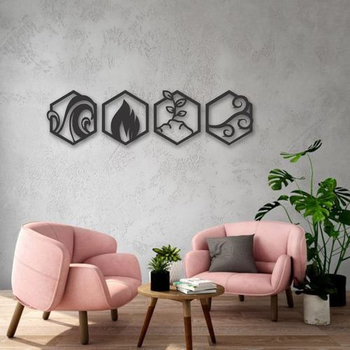 Cuadro Artesanal 4 Elementos Hexagonos Calado Mdf - 90x25cm