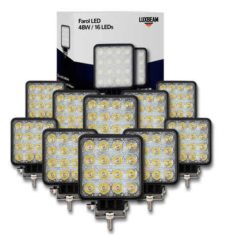 Kit 10 Farol Milha 16 Led 48w 12v/24v Quadrad Off-road 6500k