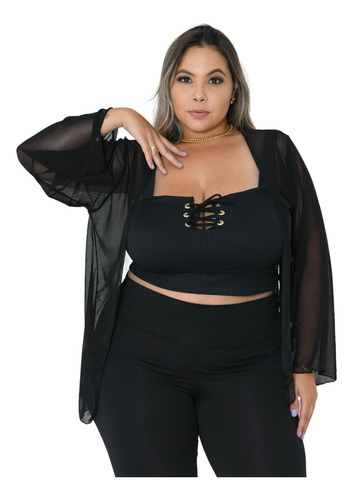 Kit Cropped Laço Ilhós + Kimono Tule Moda Plus Size Feminina