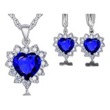 Conjunto Joyas Dije Titanic Corazón Azul Cristal Plata 925