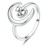 Anillo Ajustable Para Mujer Gato Luna Fabricado En Plata 925