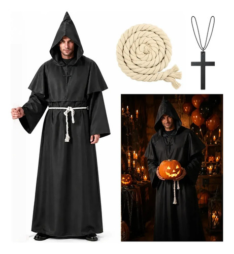 Túnicas Disfraz De Halloween Para Hombre Cosplay, Conjunto Túnicas De Monje Medieval Traje De Fraile Mago Capucha Grande Disfraz De Halloween Fiesta