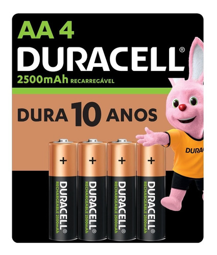 Pilha Recarregável Aa Pequena 2500mah Duracell Com 4 Un.