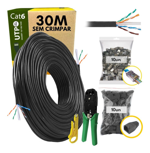 Kit Cabo De Rede Cat6 Utp 30 Metros + Kit 10 Rj45 + Alicate